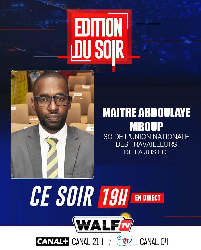 du_greffier's tweet photo. Ce soir à 19h sur WALF TV : Maître Abdoulaye Mboup, SG de l’UNTJ, revient sur la grève des travailleurs de la justice et leurs revendications.
#Justice #Grève #WALFTV https://t.co/trbLcKB0rz