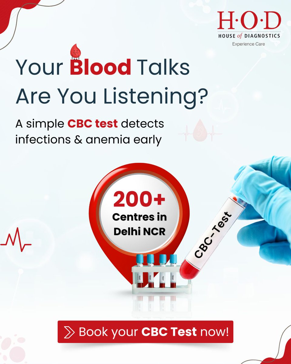 hodcare's tweet image. CBC testing can uncover hidden signs of illness before symptoms appear. Take charge of your health – book your CBC test today: hod.care/test/cbc

#CBCTest #CompleteBloodCount #PreventiveHealth #EarlyDetection #HealthAwareness #StayHealthy #BookYourTest #DiagnosticTest