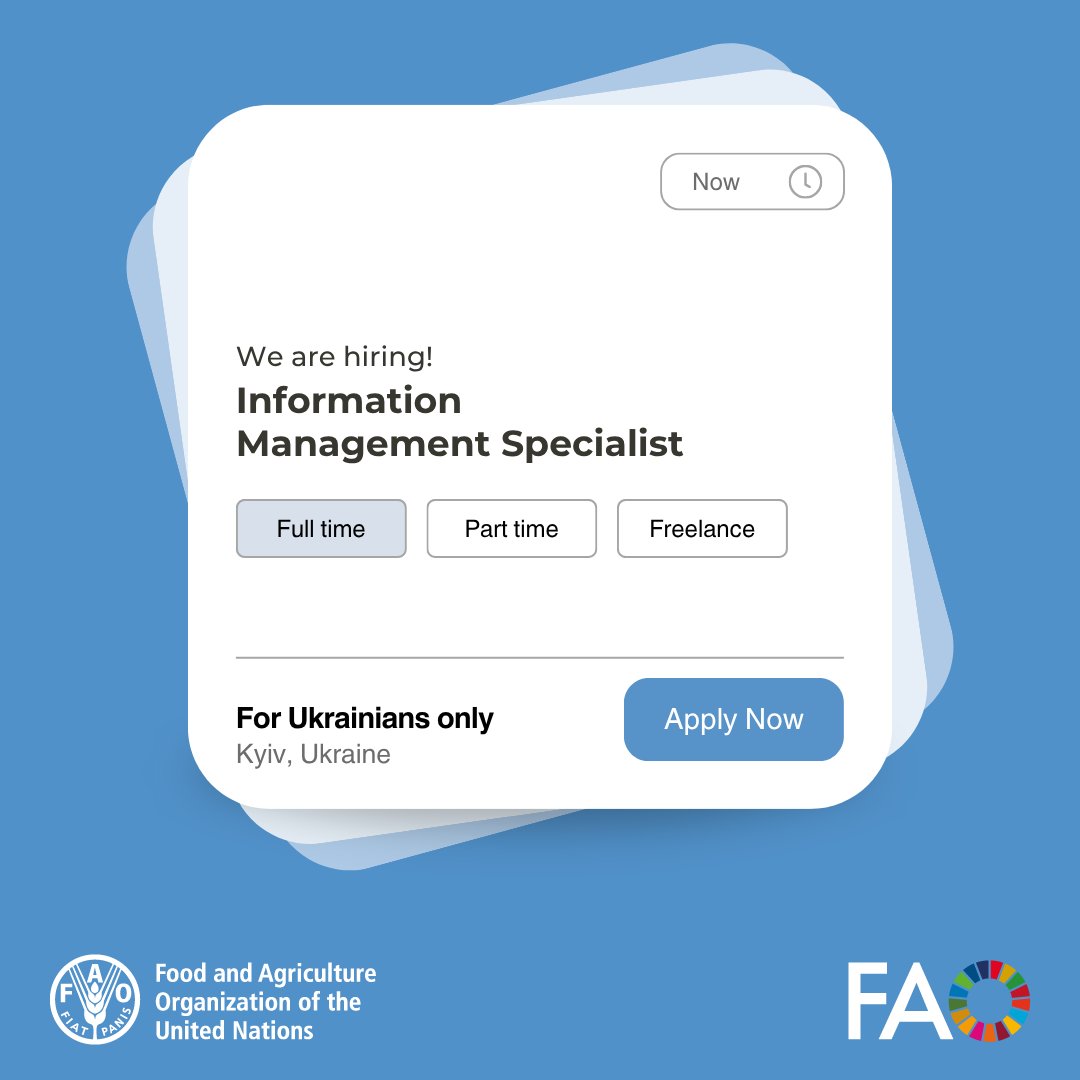 🧭 FAO Ukraine is hiring an Information Management Specialist in Kyiv!
Join our team to support food security coordination with data, maps &amp; analytics.

🗓 Deadline: 1 July
📍 Full-time, 12 months

Apply now 👉 bit.ly/4lmgiR2