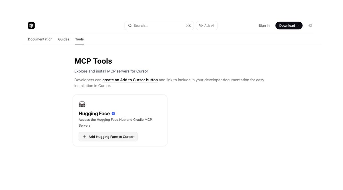 You can now add <a href="/huggingface/">Hugging Face</a> to <a href="/cursor_ai/">Cursor</a> to find models, datasets, papers, apps,...

Vibe coding a website is cool but imagine if the new AI powered code editors would turn everyone into an AI builder able to train AI themselves? How cool would that be?