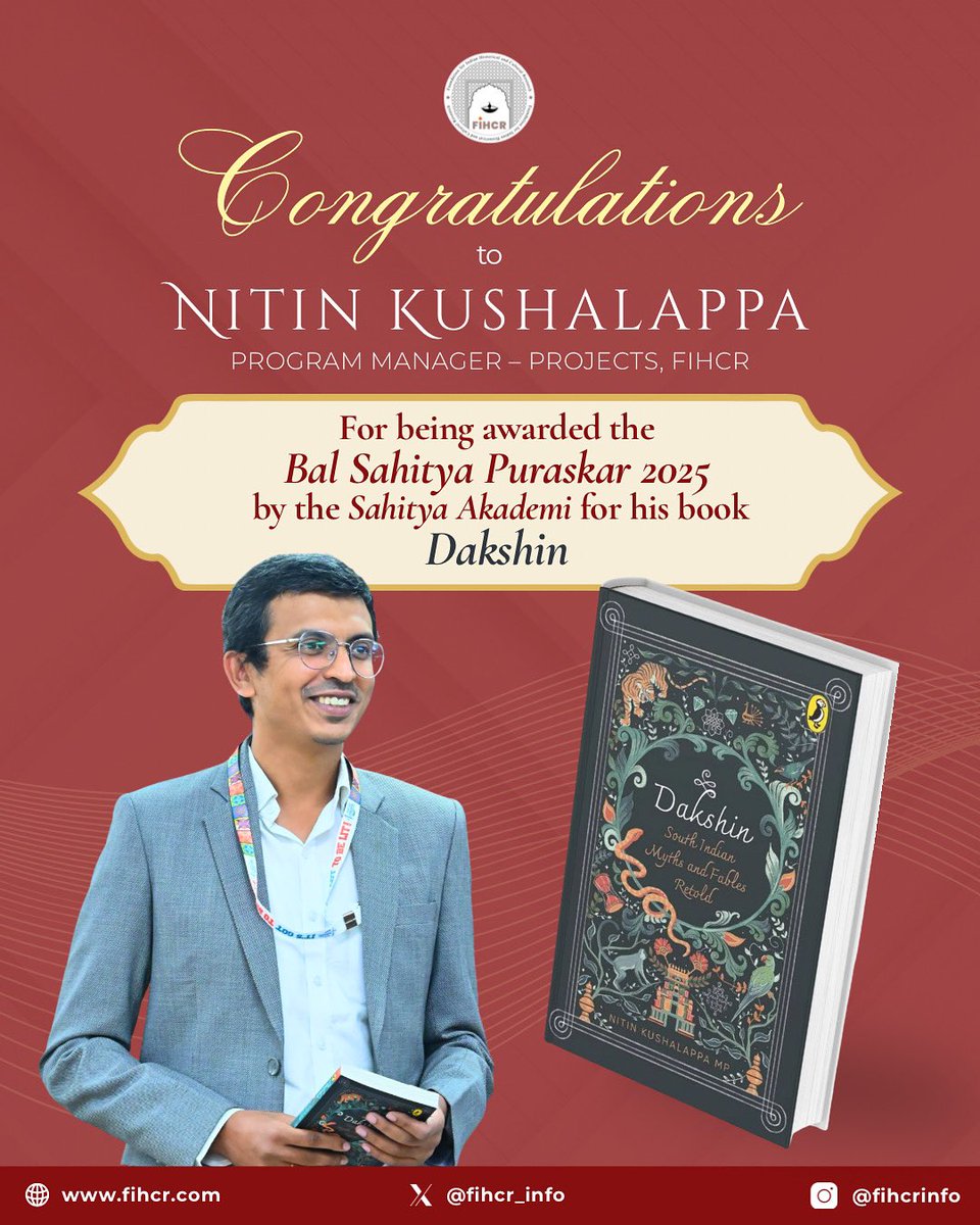 We’re delighted to share that Nitin Kushalappa, Program Manager at FIHCR, has won the 2025 Bal Sahitya Puraskar by <a href="/sahityaakademi/">Sahitya Akademi</a> for his book Dakshin.🏆

A proud moment for us.⭐️
Congratulations, Nitin!✨