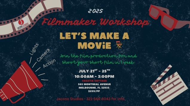 🎥 Ready to make movie magic? Join the five-day Filmmaker Workshop at the Coastie Cottage in the Eau Gallie Arts District!
🗓️ July 21-25
⏰ 10 a.m.-3 p.m.
📍 565 Montreal Ave., Melbourne, FL 32935
 🎟️ Sign up on Eventbrite: bit.ly/44kuYdA.
#StudentFilmmakers
