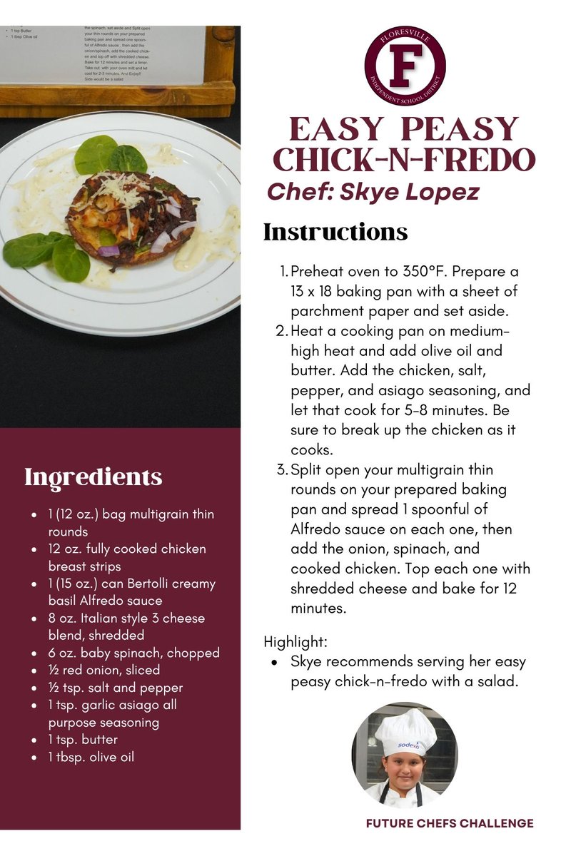 🌮YUM🌮
FSE student Skye Lopez *stirred* up some serious competition at our Future Chefs Challenge with her easy peasy chick-n-fredo! Feeling inspired? Grab your apron and give this recipe a try! #FISDGreatKids