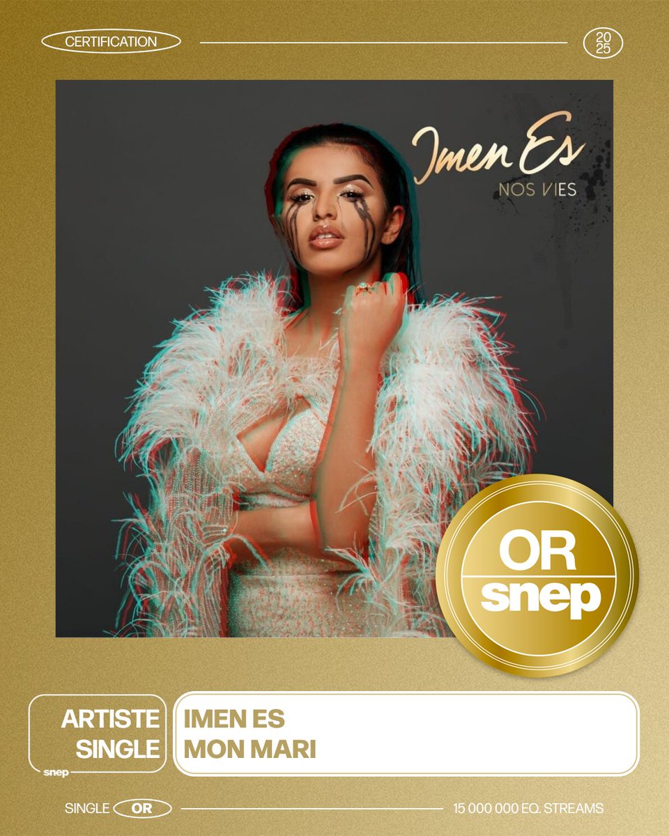 Le titre « Mon mari » de Imen Es est certifié Single Or ! 📀

15 000 000 équivalents streams 🎧

Bravo ! 👏