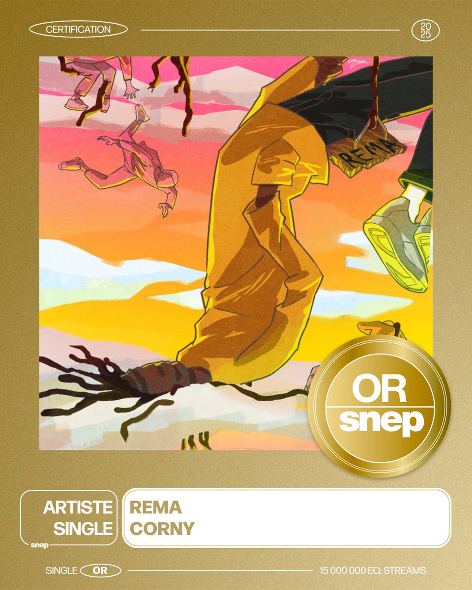 Le titre « Corny » de Rema est certifié Single Or ! 📀

15 000 000 équivalents streams 🎧

Bravo ! 👏