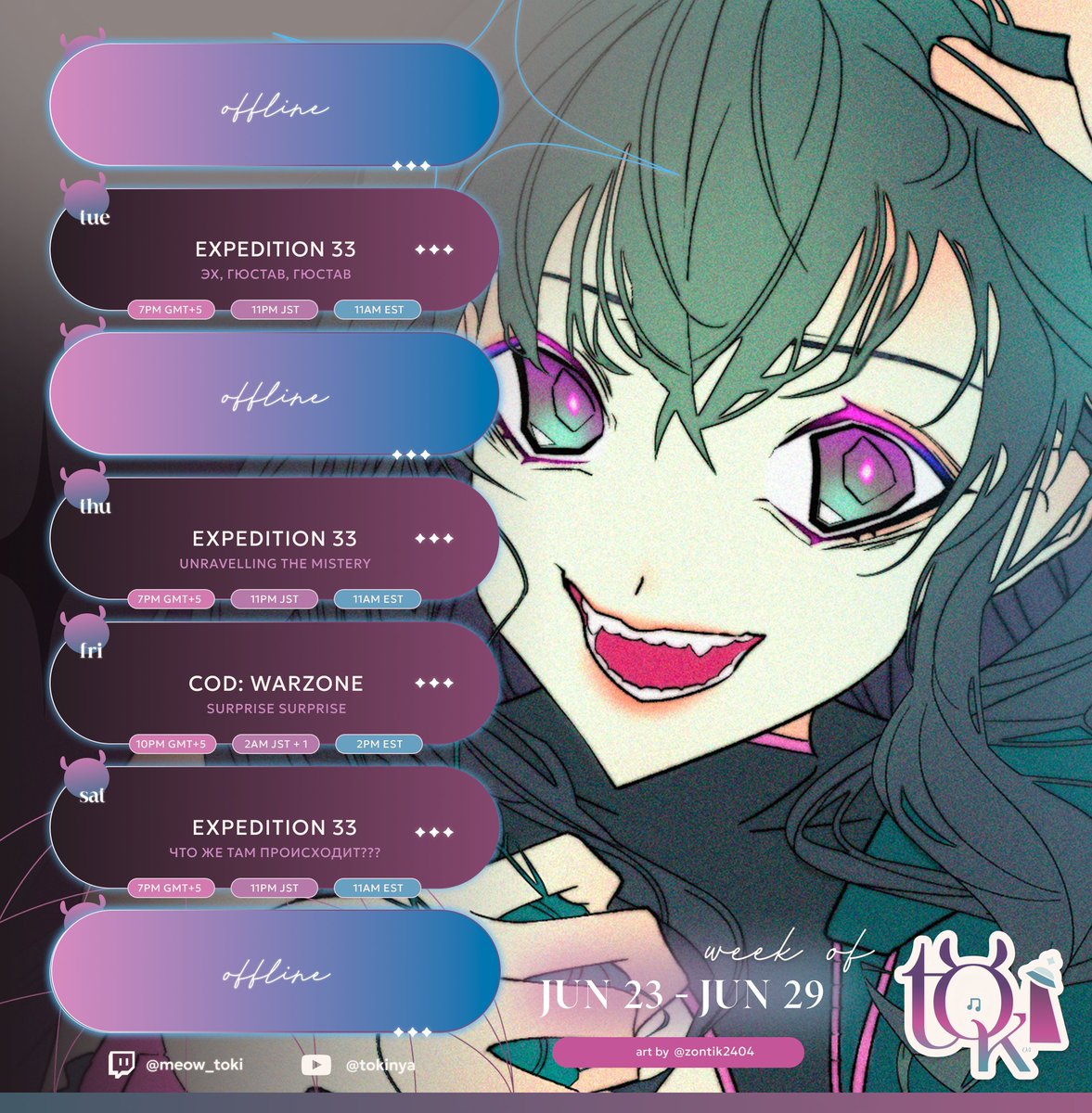 meow_toki's tweet photo. 👾STREAM SCHEDULE 23/06 - 29/06💫
LETS PLAY🛸

🎨 #TOKIstration

artwork: @/zontik2404   
schedule overlay: @/bakedeath42 https://t.co/r10Cbkhlo5