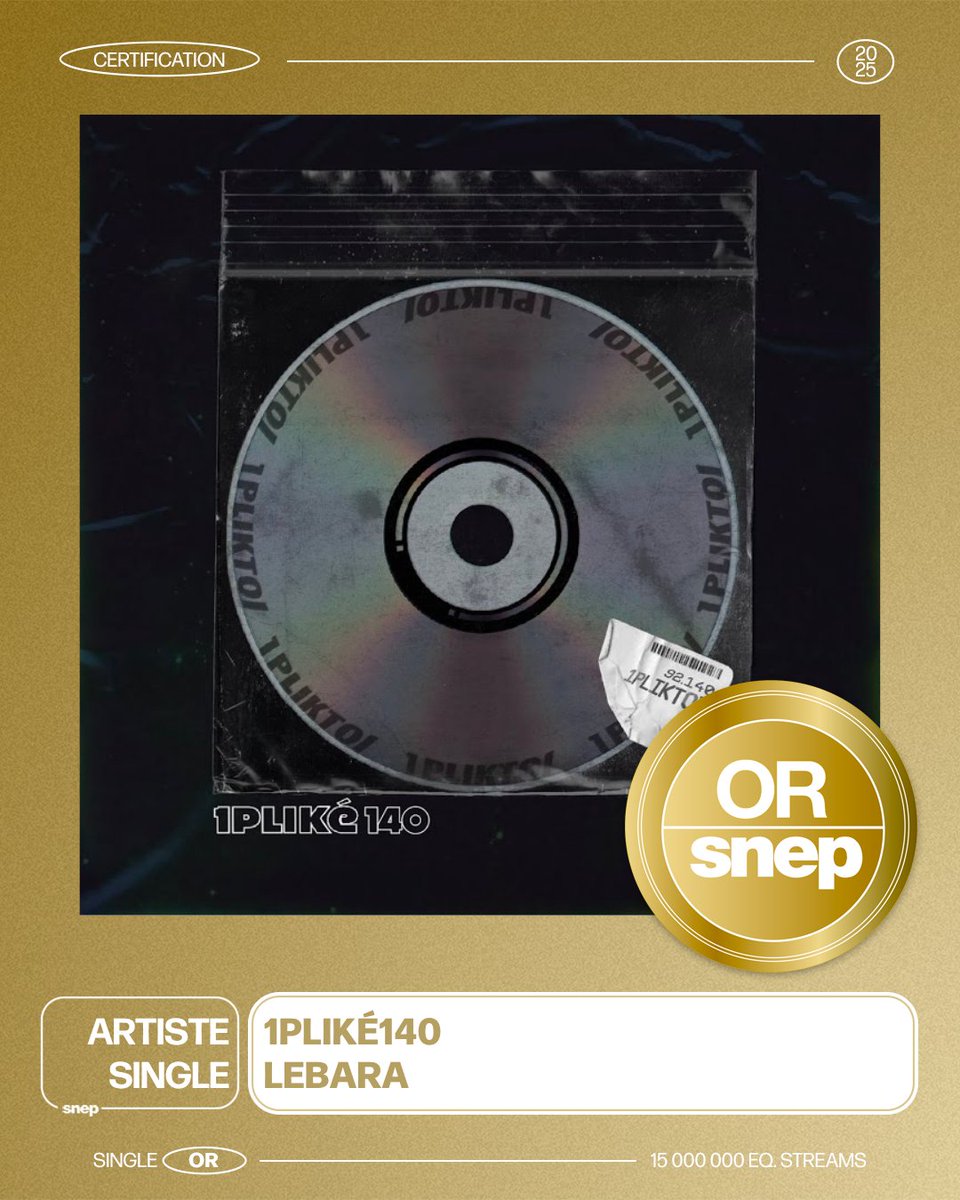 Le titre « Lebara » de 1PLIKÉ140 est certifié Single Or ! 📀

15 000 000 équivalents streams 🎧

Bravo ! 👏