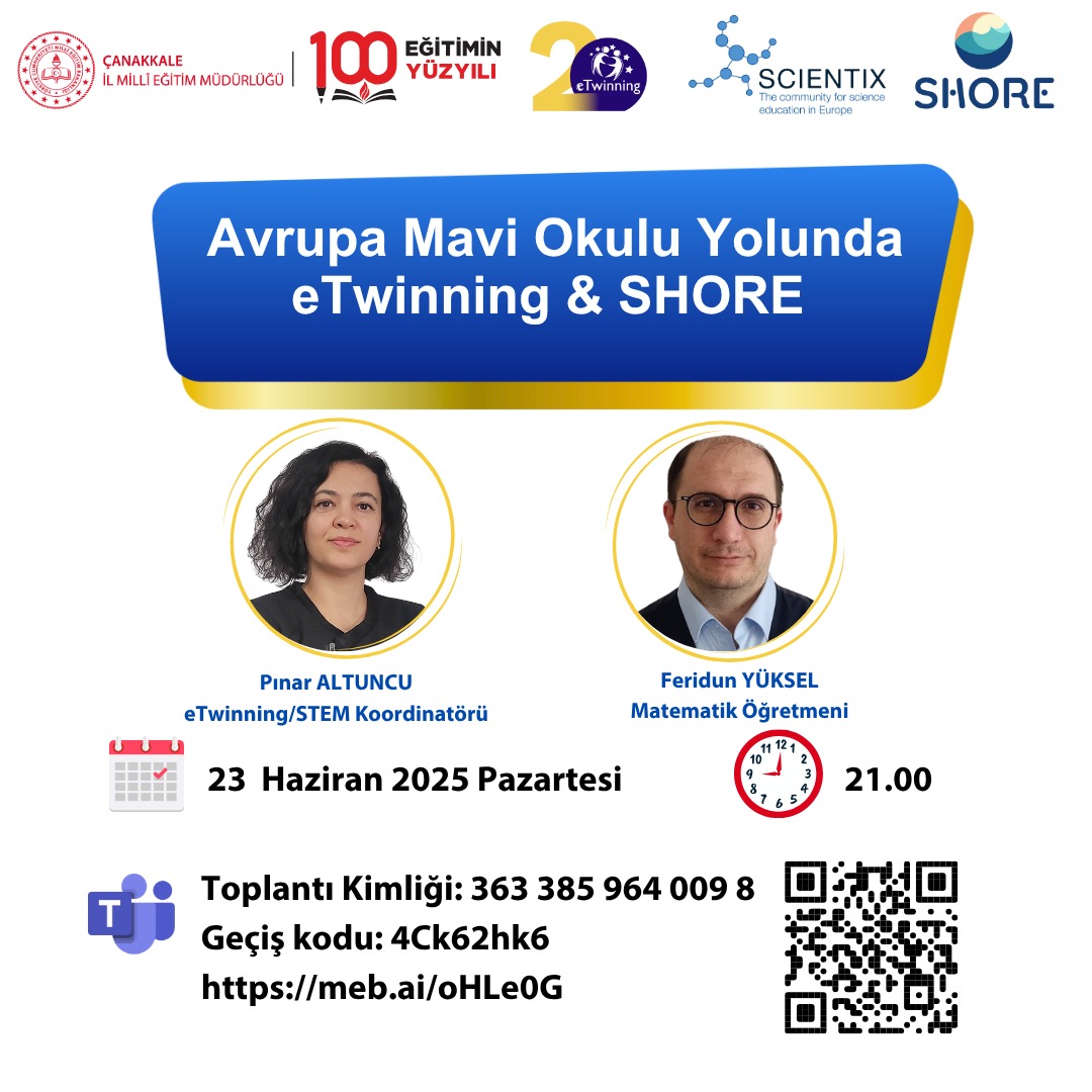 canakkale_arge's tweet photo. 📢 Avrupa Mavi Okulu Yolunda eTwinning&amp;SHORE 

📆 23 Haziran 2025 Pazartesi 

⏰21.00

👉🏻https://t.co/aZqJGkH0pe

‼️Toplantıya ad soyad, il ve okul bilgileri ile giriş yapılmalıdır.
@tcmeb @mineaktashayta @ScientixTurkiye @tretwinning https://t.co/8Wb0qNMlRK