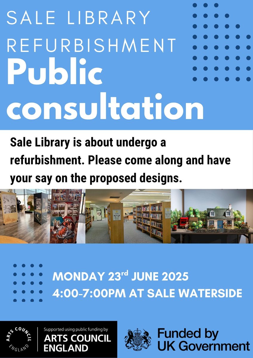 Sale Library is about undergo a refurbishment. Please come along and have your say on the proposed designs any time between 4pm and 7pm today (23rd June)