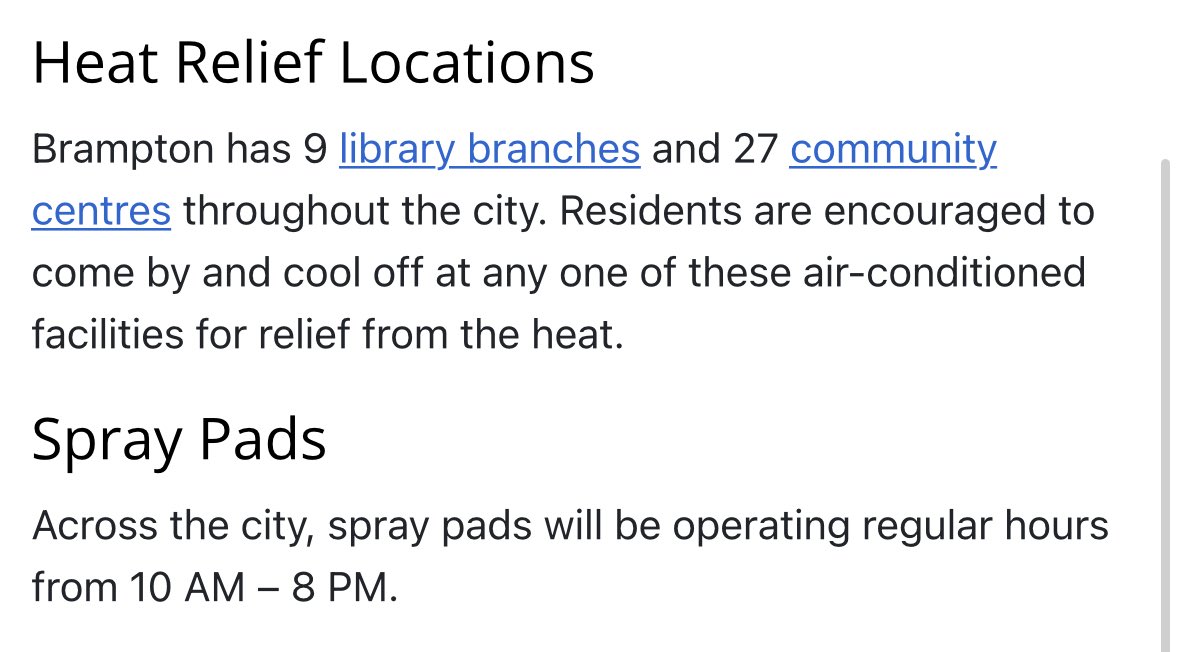 Hey #Brampton! The #HeatAlert continues - beat the heat by heading to one of the City’s Heat Relief Locations. Libraries and community centres are open for residents to cool off!

Stay cool! The hot weather will likely continue through tomorrow! ^kts