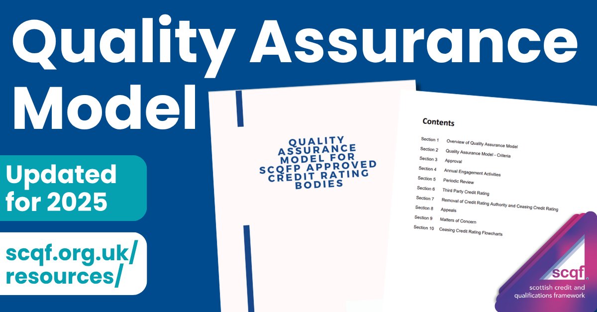 📢 The updated SCQF Quality Assurance Model is now on our website. It supports SCQF Approved Credit Rating Bodies to ensure quality, consistency &amp; confidence in credit rating.
🔗 Read the updated QAM at scqf.org.uk/wp-content/upl…

#SCQF #QualityAssurance #CreditRating