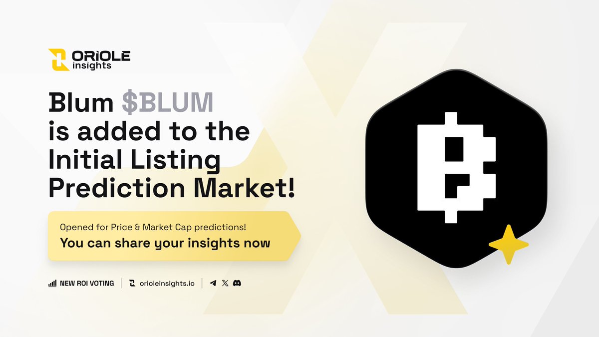 🟡  @Blumcrypto $BLUM is added to the Initial Listing Prediction Market on <a href="/OrioleInsights/">Oriole Insights</a>!

📜 About #Blum
Blum is a hybrid exchange that provides easy access to various coins and tokens, as well as simple derivatives through a mini-app on @Telegram.

📊 Key Metrics
• TGE &amp;