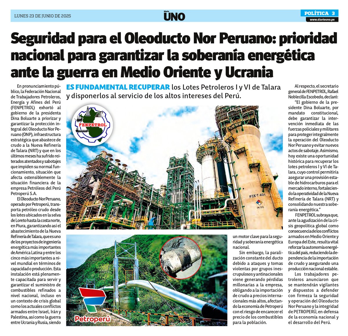 .<a href="/diariounoperu/">Diario UNO</a>: "Ante conflictos armados en Medio Oriente, gasolina subirá al doble. Gobierno debe garantizar operaciones del Oleoducto Nor Peruano y recuperar Lotes I y VI de Talara" (✅bit.ly/45BGYZo). Es posición patriótica de <a href="/fenpetrolperu/">FENPETROL</a>. <a href="/petroperu_sa/">Petroperú S.A.</a> <a href="/pcmperu/">Consejo de Ministros</a>