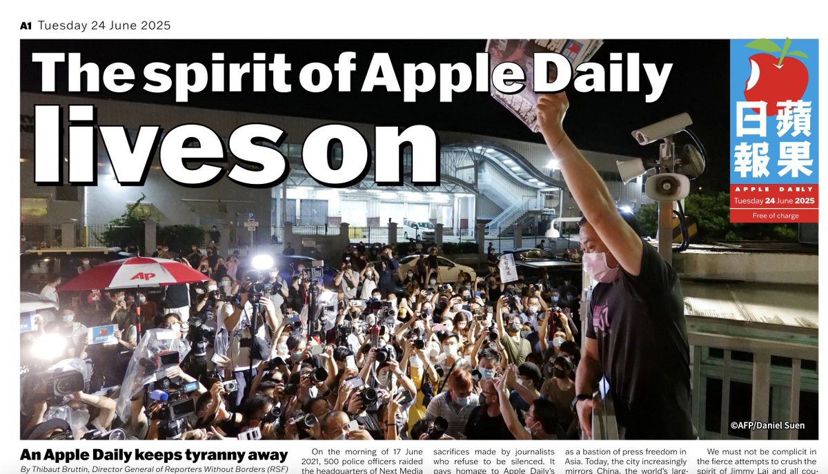 L'esprit d'Apple Daily ne s'est pas éteint, la liberté de la presse ne meurt pas. Quatre ans après sa fermeture, l’esprit d’Apple Daily demeure : RSF et des journalistes hongkongais en exil publient un numéro spécial du journal réduit au silence par Pékin.
rsf.org/sites/default/…
