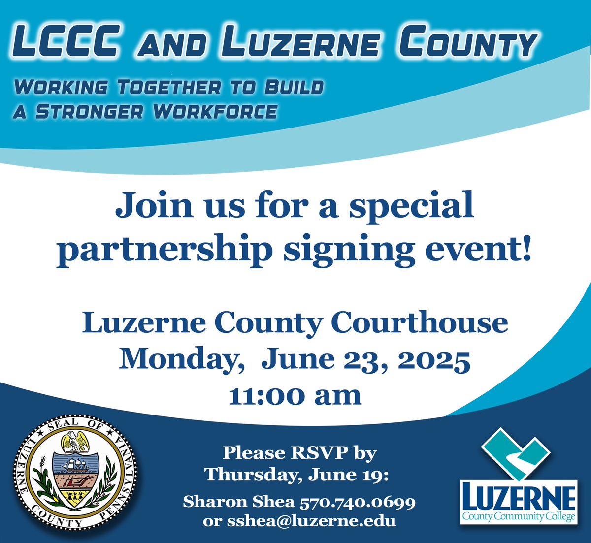LuzerneCC's tweet image. Luzerne County Community College and Luzerne County are joining forces to launch an innovative new partnership. Join us at the Luzerne County Courthouse today, June 23rd, 2025 at 11:00 am.