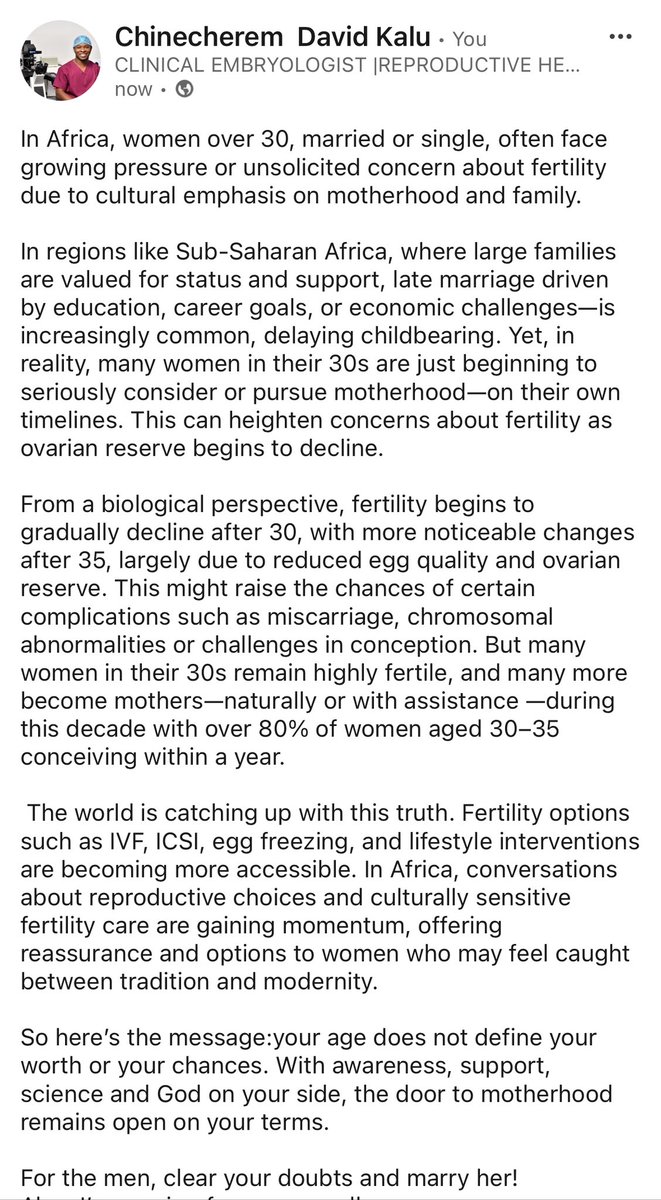 DAVIDKALLYKELLY's tweet photo. This read is for the men alsoโฆ
#myfertilityguru #thefertilityguru #fertilityawareness #FertilityJourney #FertilityAwarenessMonth #ScientificBreakthroughs #africa #30something #eggfreezing #LoveIslandUSA #reproductivehealth https://t.co/WU9WC1l0f7