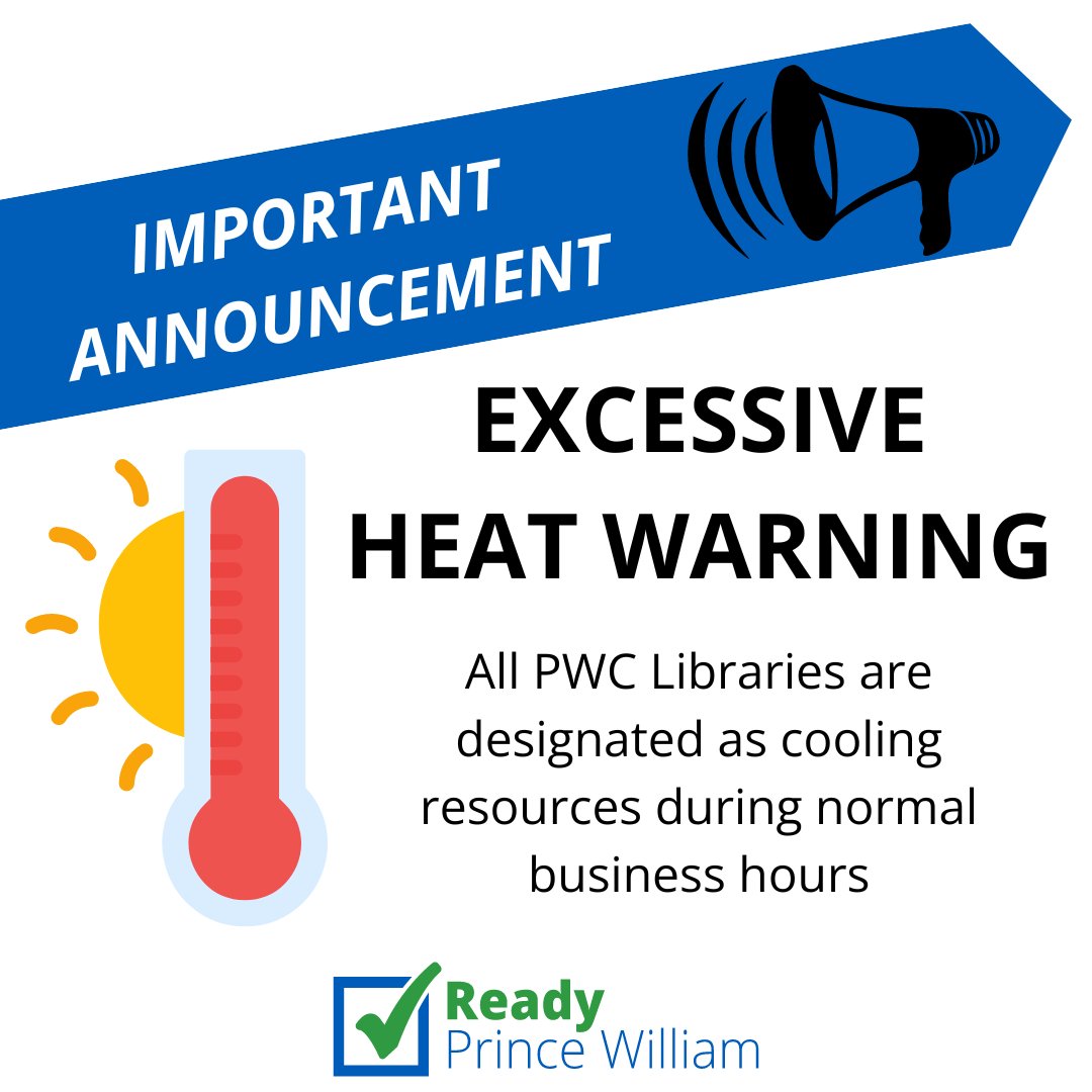 PWC offers resources to assist the public in staying cool when an Extreme Heat Warning is issued! An Extreme Heat Warning has been issued for Monday, June 23rd. Anyone needing shelter from the heat can visit a PWC library. For locations &amp; hours visit pwcva.gov/department/lib…