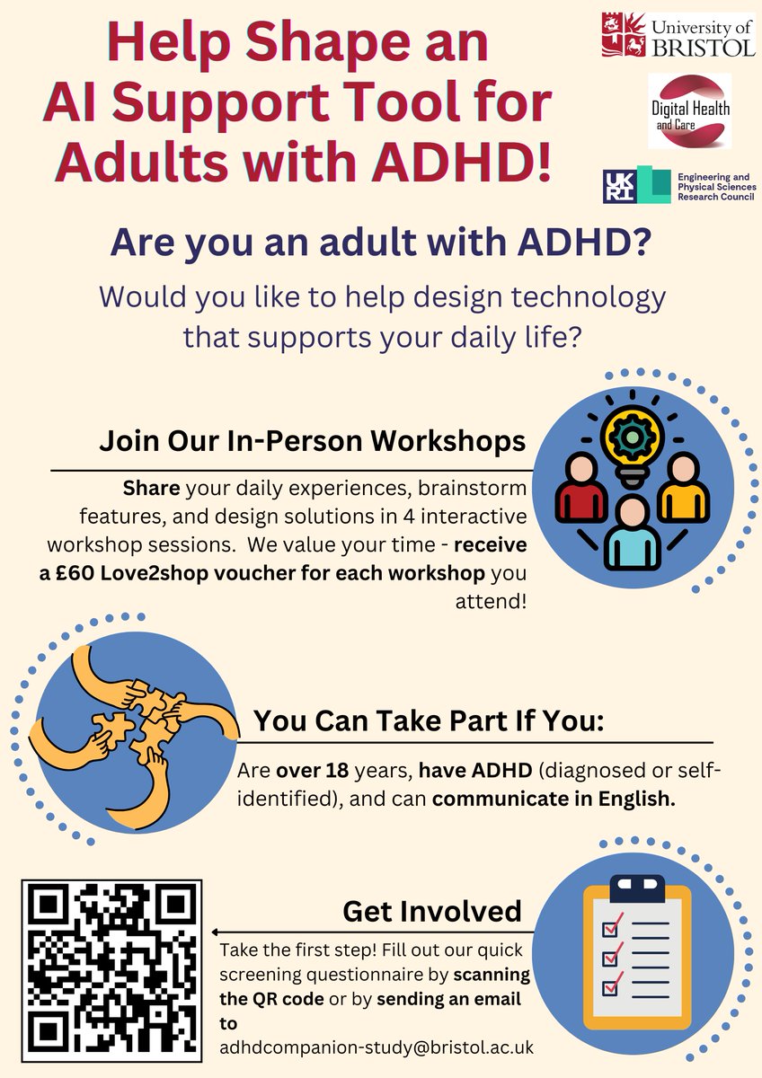 Research Participation Opportunity!

Researchers from the University of Bristol are looking for adults with ADHD to join their in-person workshop. This research explores the co-design of a AI companion with adults who have ADHD to support daily life challenges and goals. Through