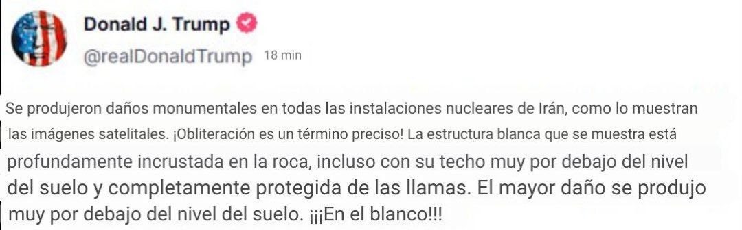 🇺🇲Trump insiste en que el ejército estadounidense destruyó las instalaciones nucleares de Irán y dice que "obliteración" es un término preciso para describir el impacto.

🤔¿Por qué tanta insistencia Donald? ¿La gente no te cree?

• <a href="/misionverdad/">magdalena sanchez</a> •