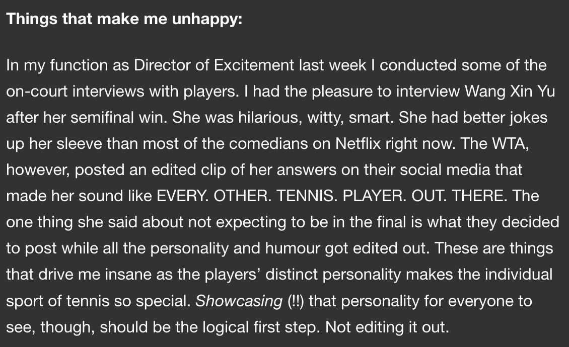 Andrea Petkovic calling out the WTA for being utterly brainless and uncreative in promoting their players. 
LOUDER PETKO 👏🔥