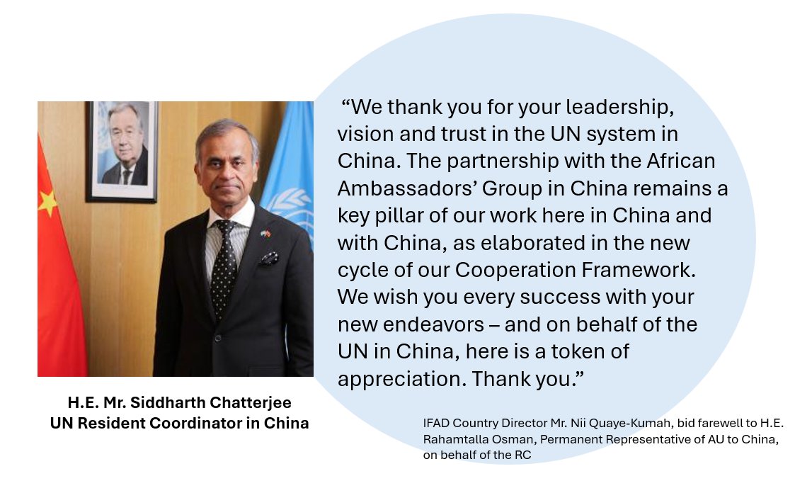 UNAIDS_CN's tweet image. UN, African Ambassadors and Dean bid farewell to H.E. Rahamtalla Osman, honoring his dedication to China-AU-UN tripartite cooperation. Meeting reaffirmed commitment to a bright future for Africa & adopted a structure for China-AU-UN coordination & collaboration under #FOCAC! ✨