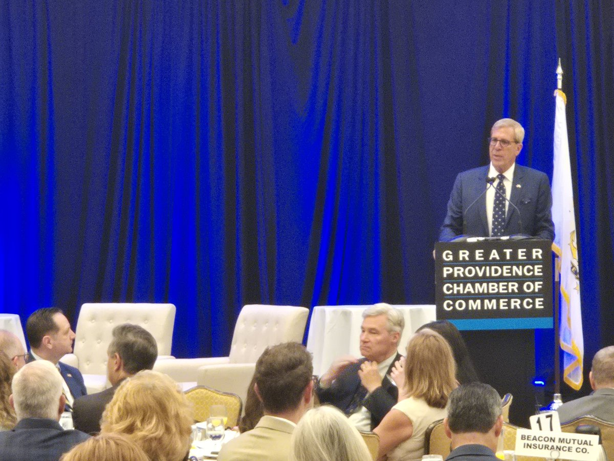 Provchamber's tweet photo. Dr. Mark Turco, who leads the RI Life Science Hub, is speaking about medical and bio tech innovation and economic development in Rhode Island. Thank you to @RILifeSciHub for being the Presenting Sponsor for our Congressional Breakfast this morning. #GPCCEvents #RhodeIsland https://t.co/Eh96T0Nke1