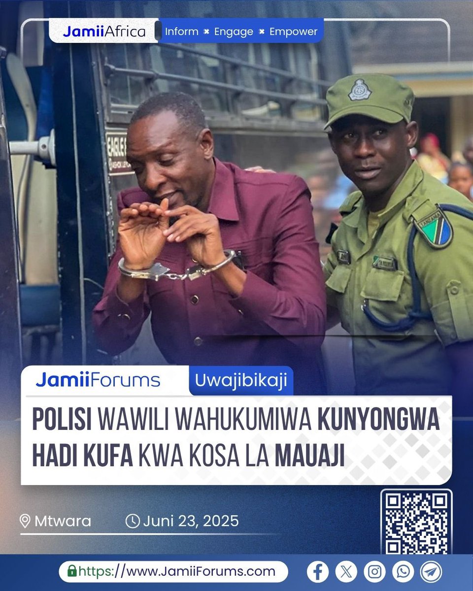 Mahakama Kuu Kanda ya Mtwara imewahukumu kunyongwa hadi kufa Askari Polisi wawili kati ya saba waliokuwa wakikabiliwa na kesi ya mauaji ya Mfanyabiashara wa madini, Mussa Hamisi aliyekuwa Mkazi wa Kijiji cha Luponda, Wilaya ya Nachingwea, Mkoani Lindi

Azam TV imeripoti kuwa