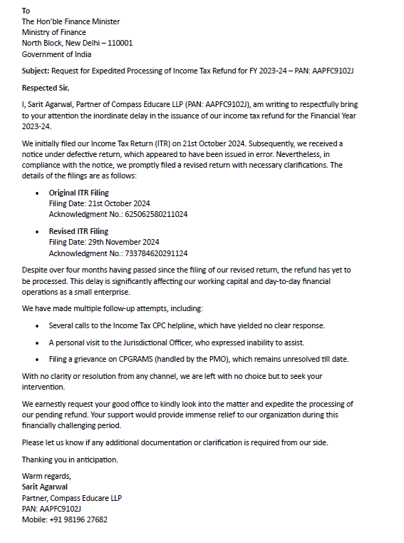 sarit_agarwal's tweet photo. @IncomeTaxIndia @PMOIndia @nsitharaman Despite filing our revised ITR on 29-Nov-2024 (Ack. No. 733784620291124), our refund for FY 2023-24 is still pending. Calls, visits &amp; CPGRAMS have yielded no resolution. Kindly intervene.
Details in attached letter.👇 https://t.co/ig6q3jSIqj