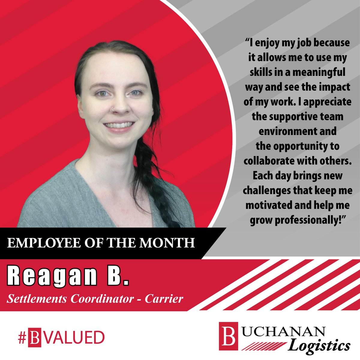 BuchananLogist's tweet photo. "I enjoy my job because it allows me to use my skills in a meaningful way and see the impact of my work. I appreciate the supportive team environment and the opportunity to collaborate with others."

#BuchananLogistics #EmployeeOfTheMonth #BuchanasBest https://t.co/xvGZ19wLK2