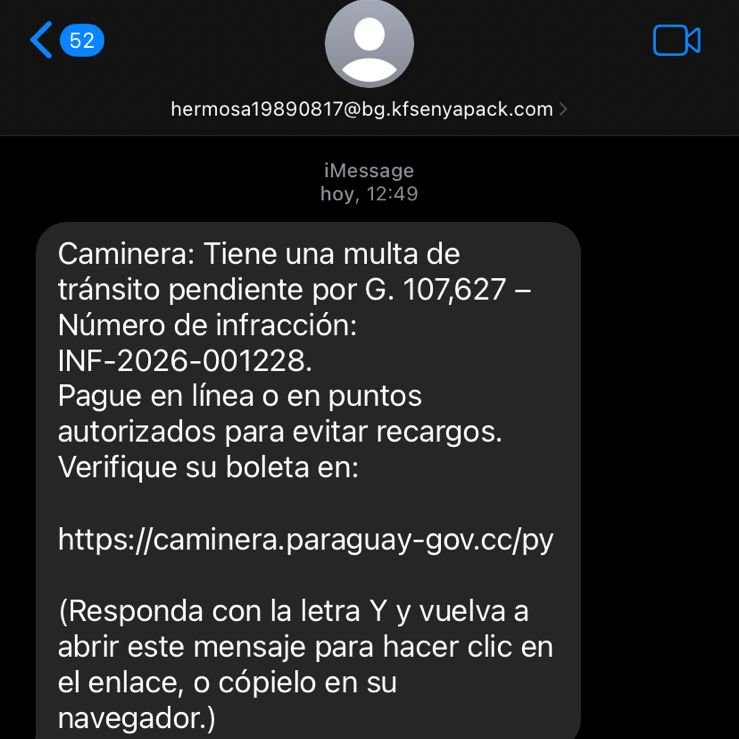 delpynews's tweet photo. ▶️QUE NO TE ENGAÑEN | ​​​​⚠️

🔴Denuncian intento de estafa por iMessage.

Ciberdelincuentes se hacen pasar por agentes de la Caminera que envían una falsa multa de tránsito.😤

🚨Advierten que el correo electrónico contiene un enlace cuyo dominio termina en ".cc" y no en ".gov.py".