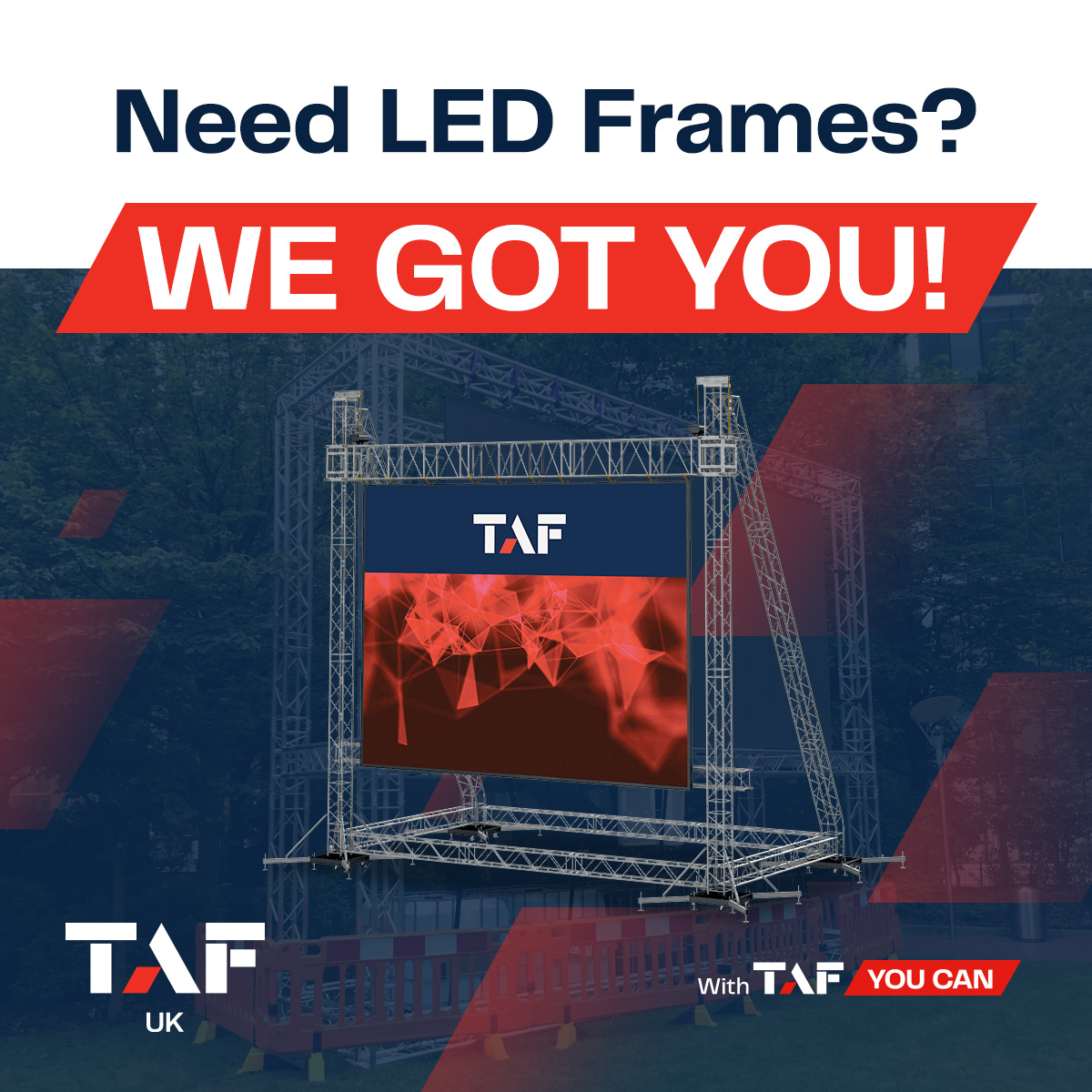 UK_TAF's tweet image. From 5×3 m to 8×6 m, TAF’s free-standing LED frames deliver the strength and stability your screens need—indoors or out, wind or shine.
Need rock-solid support? WE GOT YOU.
Learn more 👉 taf-uk.com/led-frames
#LEDFrames #TAF #ScreenSupport #EventSolutions #WithTAFYouCan