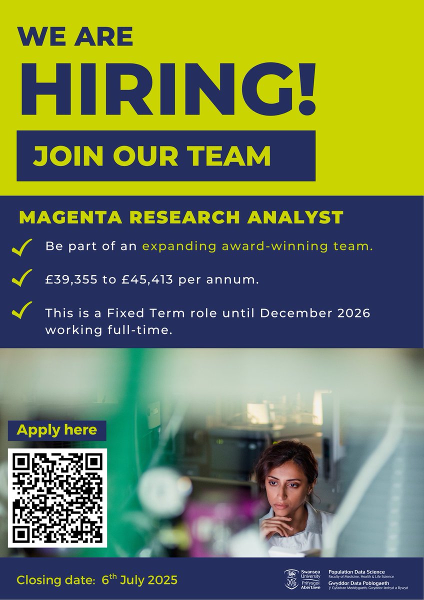 Join the MAGENTA Project as their new Research Analyst📊 

👉Work closely with various stakeholders, organisations, and groups.
📌Fixed term until December 2026 working full-time.
💼Salary: £39,355 to £45,413 per annum
📅Closing: 6th July 

🔗Apply here: swansea.ac.uk/jobs-at-swanse…
