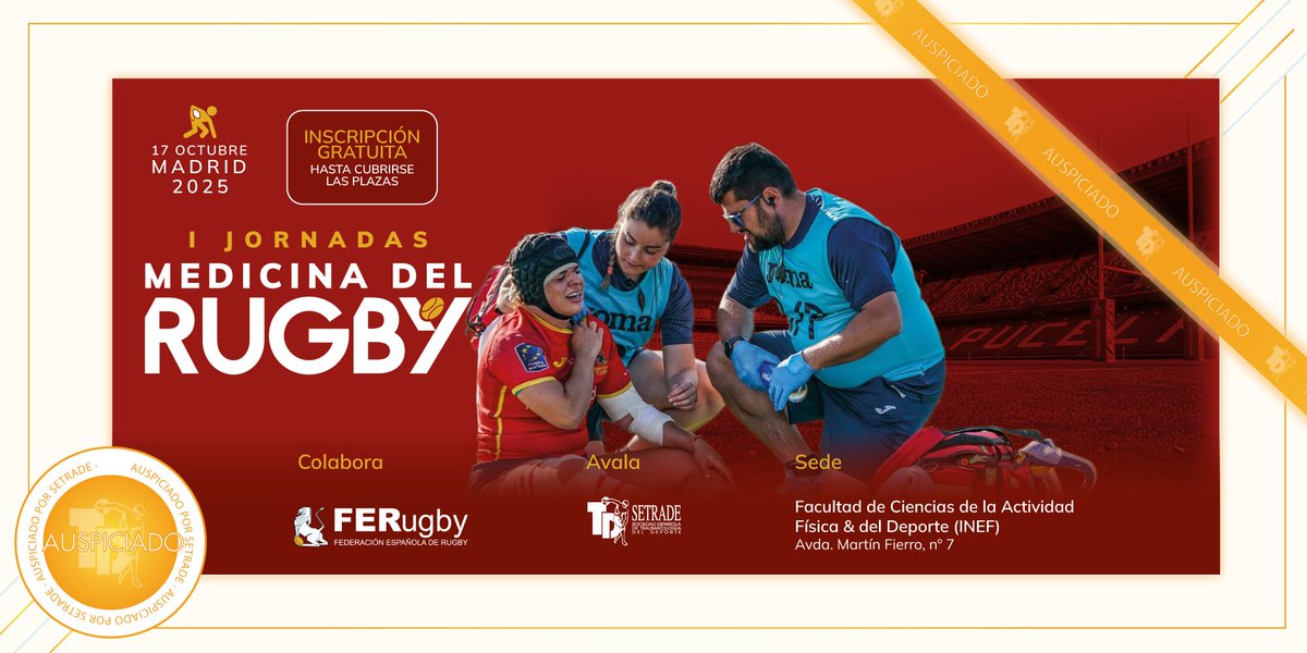 🔸CURSO AVALADO POR SETRADE🔸

Tenemos dos plazas reservadas para socios SETRADE para las I Jornadas Medicina del Rugby 🏉 que se celebrarán:
📅: 17 de octubre
📍: Madrid

👉🏽 Apúntate antes del 15 de julio, ¡las plazas son limitadas!: lc.cx/yO-Hwi