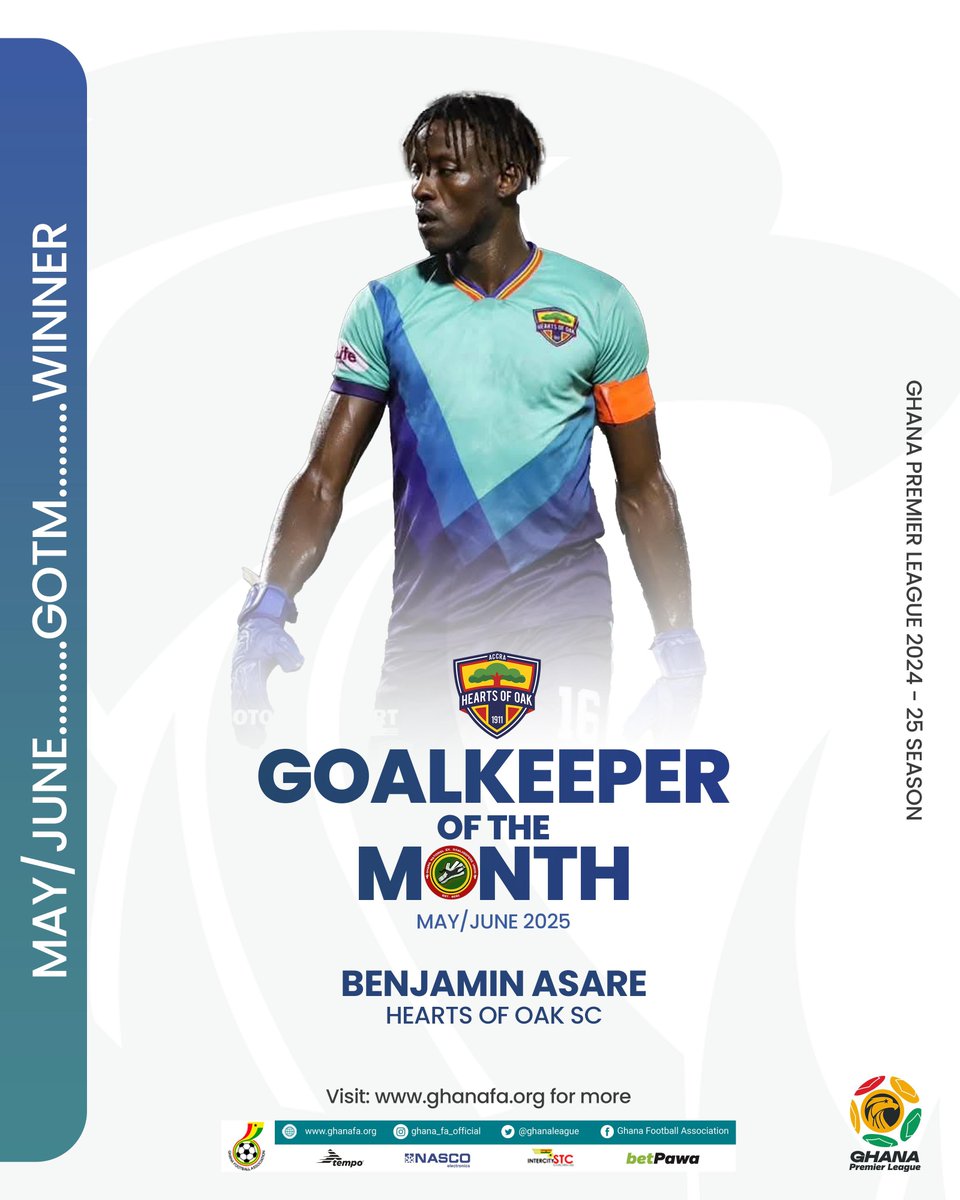 🧤Hearts of Oak’s Benjamin Asare has been named Best Goalkeeper for May/June by the Ex-National Goalkeepers Union. 👏🏾

🔗: ghanafa.org/hearts-of-oaks…

#GPL