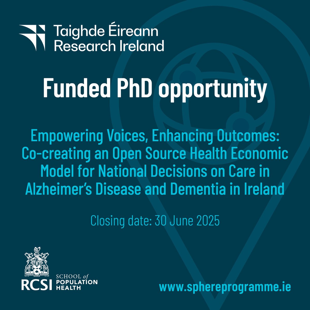 RCSI School of Population Health (@rcsi_pophealth) on Twitter photo There's just 1 week left to apply for an exciting, PhD scholarship in the health economics of Alzheimer’s disease and dementia.
PI: Dr <a href="/JonathanBriody/">Dr Jonathan Briody</a>
Funded by <a href="/Researchirel/">Research Ireland</a>
To apply visit:
sphereprogramme.ie/research-irela…
<a href="/SPHeREprogramme/">SPHeRE</a> <a href="/alzheimersocirl/">The Alzheimer Society of Ireland</a> There's just 1 week left to apply for an exciting, PhD scholarship in the health economics of Alzheimer’s disease and dementia.
PI: Dr <a href="/JonathanBriody/">Dr Jonathan Briody</a>
Funded by <a href="/Researchirel/">Research Ireland</a>
To apply visit:
sphereprogramme.ie/research-irela…
<a href="/SPHeREprogramme/">SPHeRE</a> <a href="/alzheimersocirl/">The Alzheimer Society of Ireland</a>