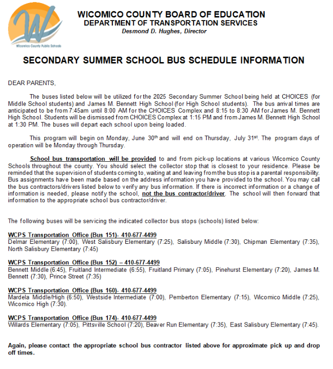 SECONDARY SUMMER SCHOOL BUS SCHEDULE!  Bus schedule for the 2025 Secondary Summer School being held at CHOICES (for Middle School students) and James M. Bennett (for High School students) starting Monday, June 30th. For more information, go to bit.ly/summerbus2025