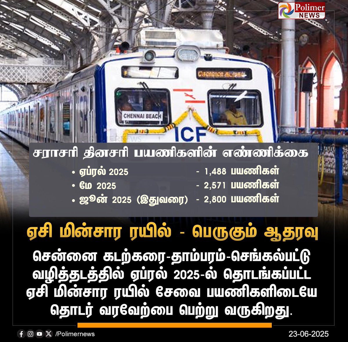 polimernews's tweet photo. #JUSTIN || ஏசி மின்சார ரயில்  -  பெருகும் ஆதரவு | #ACTrain | #ACElectrictrain | #ChennaiBeach | #Tambaram | #Chengalpattu | #PolimerNews https://t.co/fk7VWtIDgc