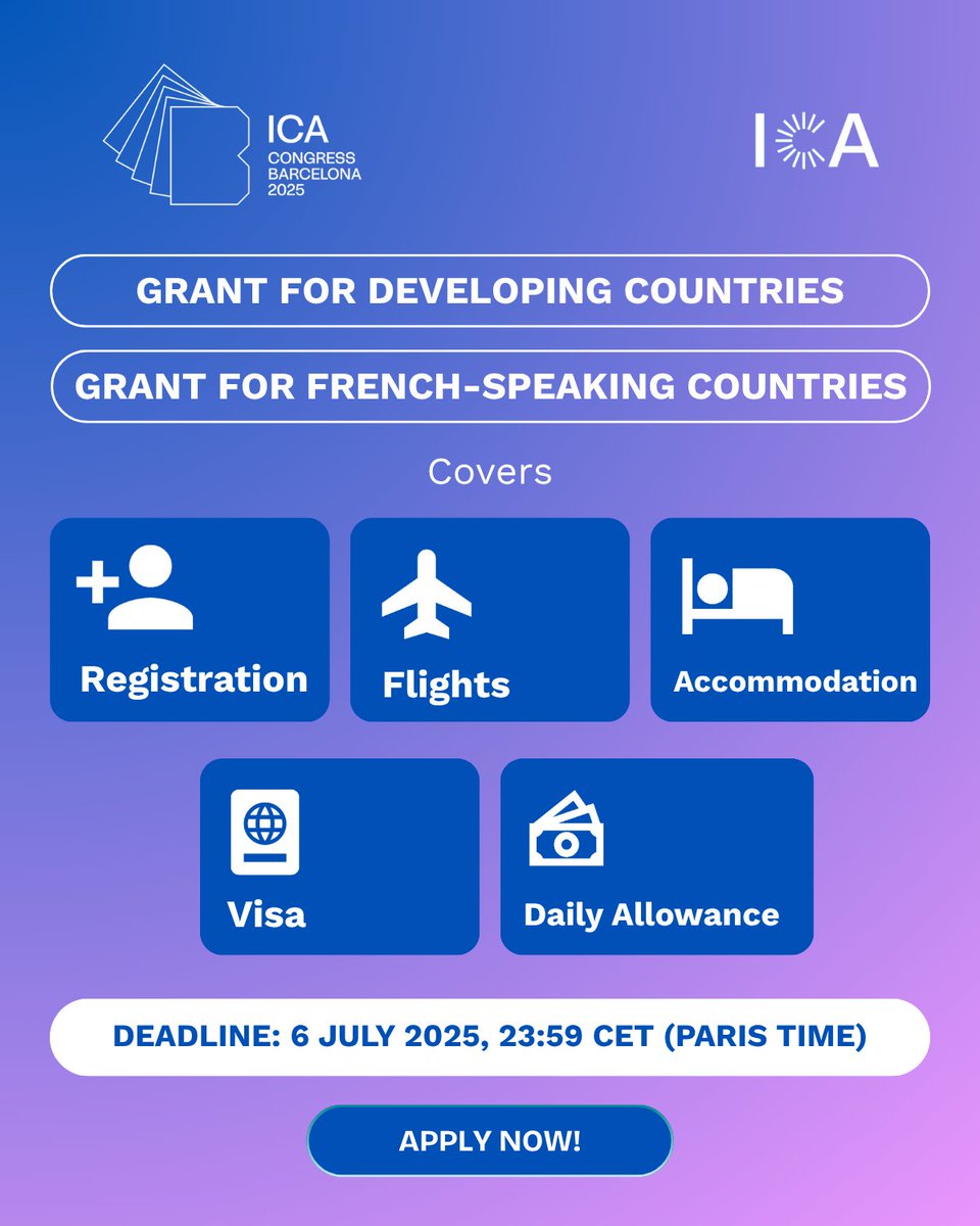 🌍 A once-in-a-lifetime opportunity for archives professionals! 📜 The International Archives Congress - ICA Barcelona 2025 presents two grants to attend.

1️⃣ Grant for Small Island Developing States, Least Developed Countries &amp; Developing Economies
For professionals working in