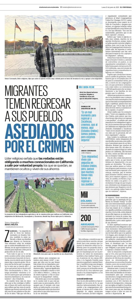 irmisme's tweet photo. Hoy en EL UNIVERSAL, las vivencias, #redadas en California, las preocupaciones y #rezos de los de aquí y los de allá.

#MIGRANTES TEMEN REGRESAR A SUS PUEBLOS ASEDIADOS POR EL #CRIMEN EN ZACATECAS 

Link para leer nota completa 👇

https://t.co/Gz8OSS72c2 https://t.co/tJPznIVf3R