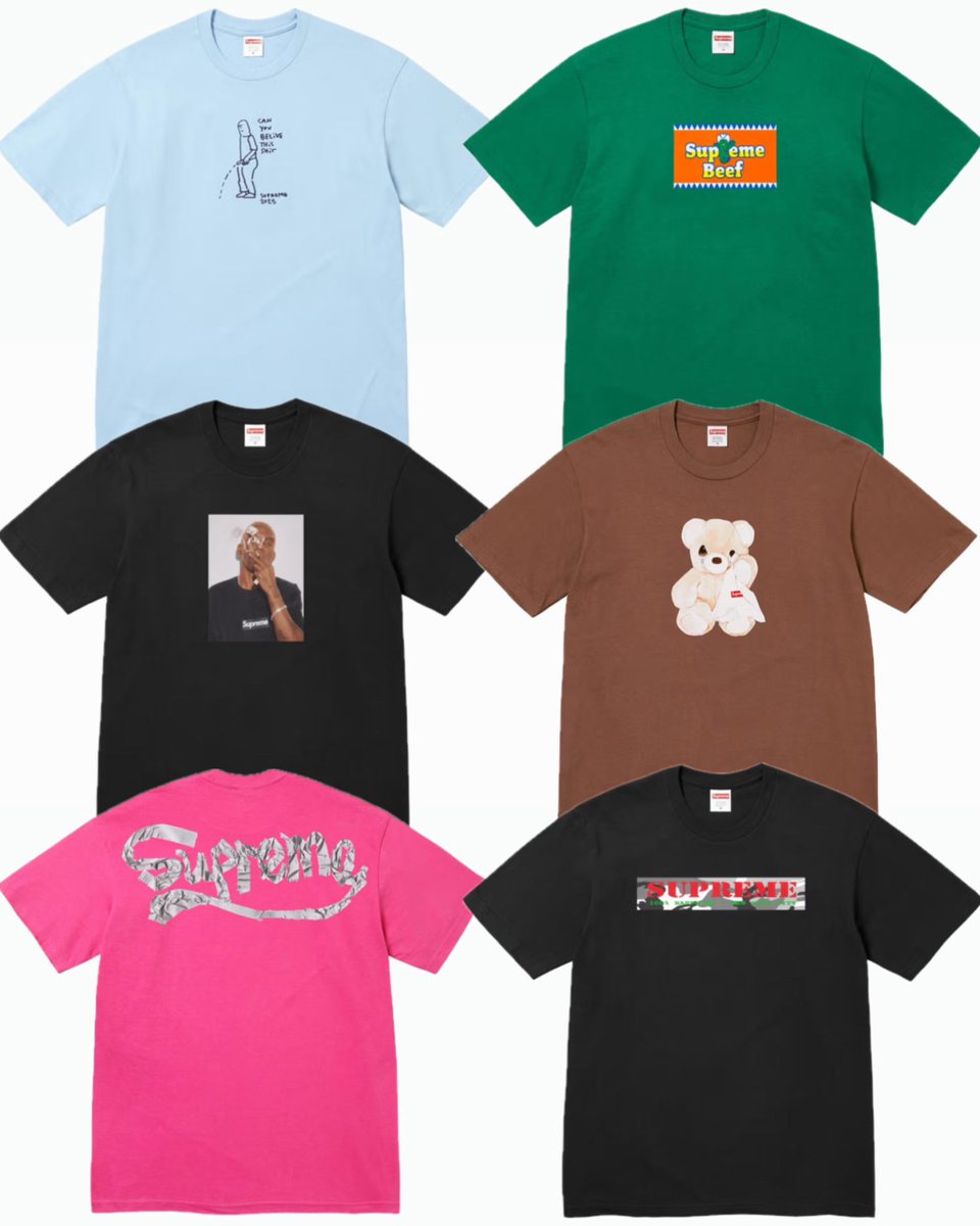 DropsByJay's tweet image. Supreme Summer Tees🔥
Official images of the 6 new graphic Tees set to drop this week. What are your thoughts?
Releasing this Thursday June 26th at 11am EST (US) 17:00 (EU) 4pm (UK) and in Asia on Saturday 6/28🗓️