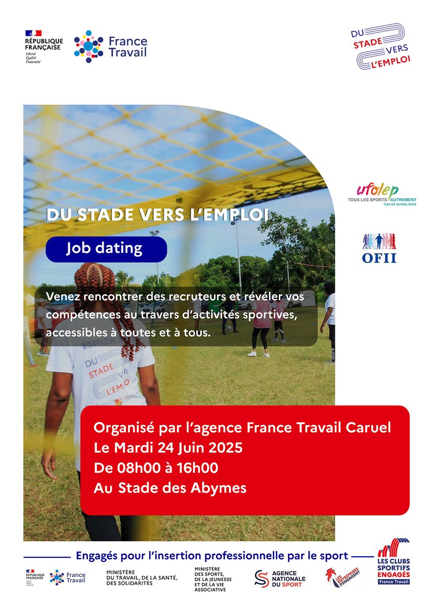 Demain aux Abymes, une nouvelle édition du Stade Vers l'emploi invitera recruteurs et candidats à se rencontrer en tenue de sport avec <a href="/ufolep_gpe/">Comité Régional UFOLEP Îles de Guadeloupe</a> <a href="/Ofii_Antilles/">OFII_Antilles</a> et la <a href="/VilledesAbymes/">Ville  des Abymes</a>. Rendez-vous avec vos CV et vos baskets !