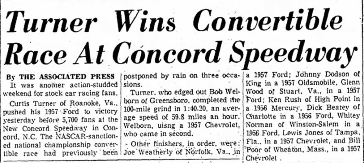 toomuchcountry's tweet image. June 23, 1957: Glen Wood qualifies 2nd and finishes 4th in a NASCAR convertible division race at New Concord Speedway. Johnny Dodson was originally scored P4 in Lee Petty&apos;s 42 Olds but was DQ post-race. #woodbrothers75