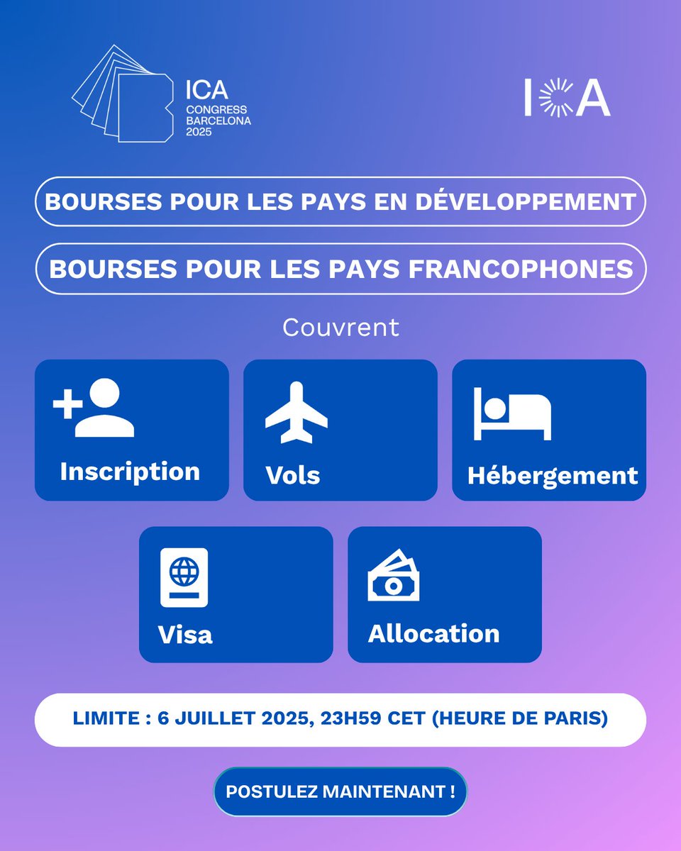 🌍 Une occasion unique pour les professionnels des archives ! 📜 Le Congrès international des archives - ICA Barcelona 2025 offre deux bourses pour y assister

1️⃣ Bourse pour les Petits États insulaires, PMA et Économies en développement
Destinée aux professionnel·le·s des pays