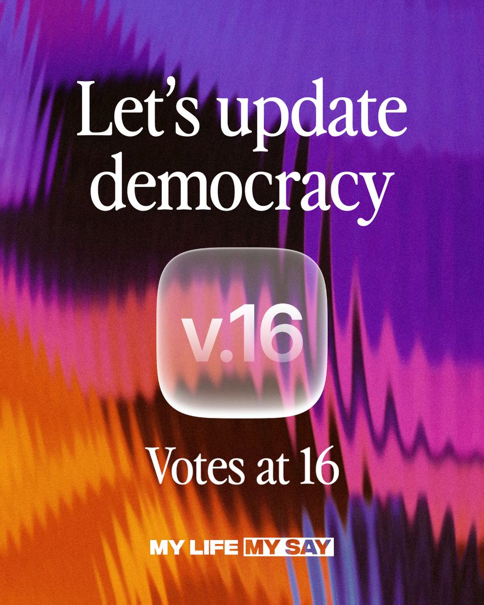 UnlockDemocracy's tweet photo. Democracy needs an update.

We’re backing v.16 — a youth-led campaign to lower the voting age to 16 and build trust between young people and politicians.

Join the movement. Head to @MyLifeMySay to learn more.
#v16 #updatedemocracy #votesat16 https://t.co/NdqX5DZTPB