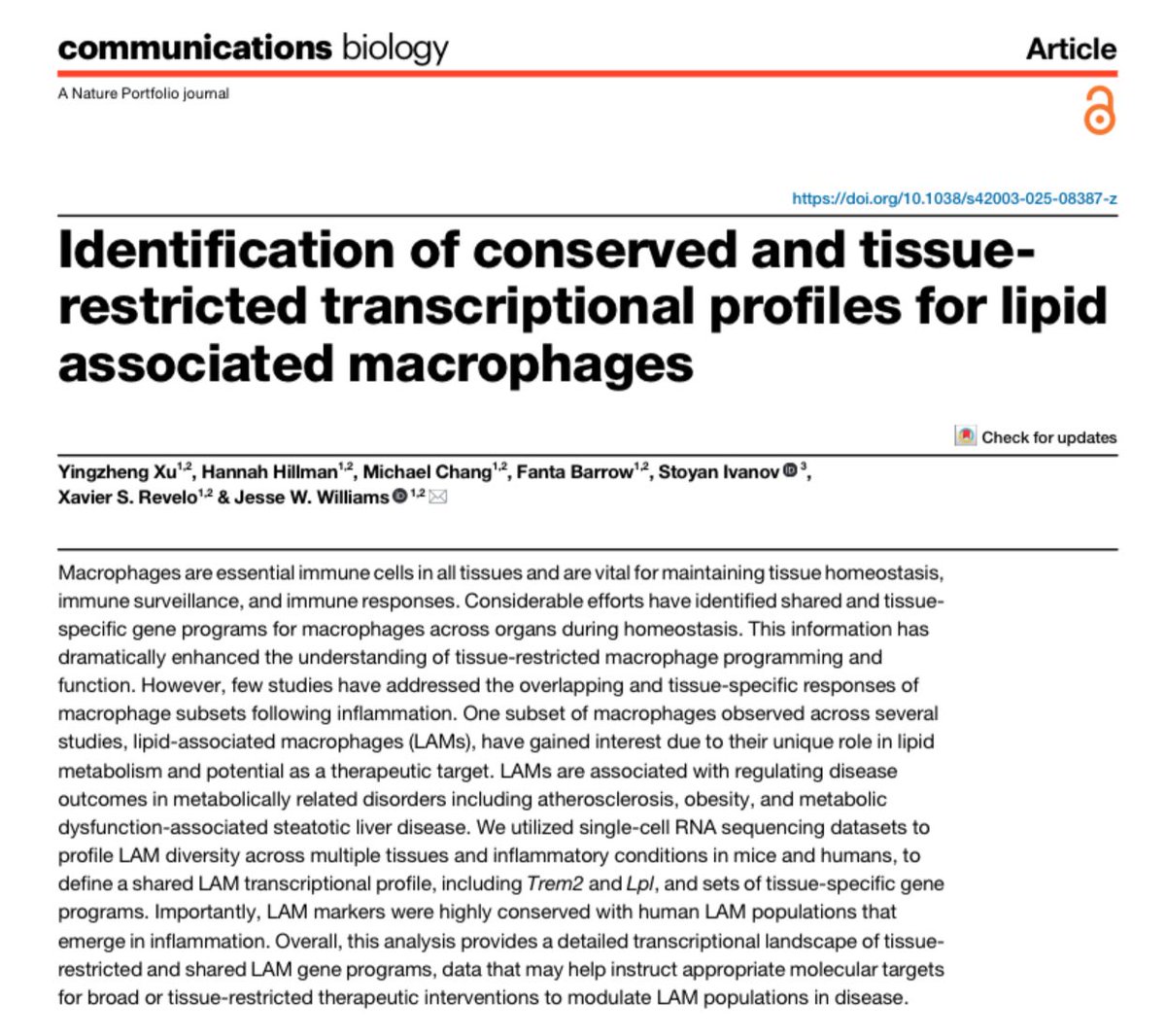 Lab__Williams's tweet image. Our latest paper, Identification of conserved and tissue-restricted transcriptional profiles for lipid associated macrophages, is online at Communications Biology. @UMN_IBP @IvanovLab @Xavier_Revelo
rdcu.be/esUdT