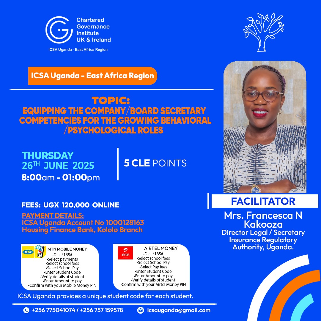 Special Invitation to Company &amp; Board Secretaries!

We are pleased to invite you to an exclusive online session with Mrs. Francesca N. Kakooza, Director Legal/Board Secretary at <a href="/IraUganda/">IRA UGANDA</a> this Thursday.

Time: 8:00 am - 1:00 pm
Fee: UGX. 120,000

#CGIUganda #GovernanceLeadership