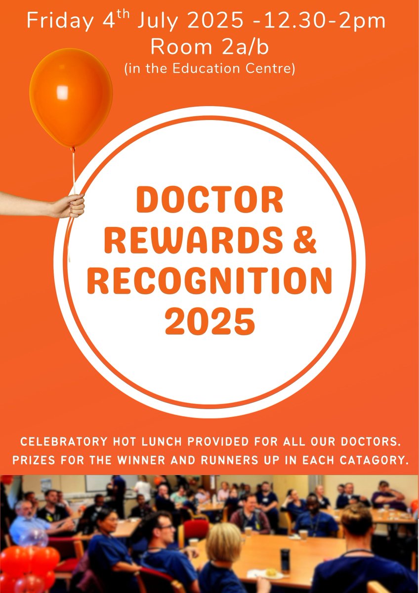 Dear Doctors,
We’re delighted to invite you to a celebratory lunch and awards ceremony as part of the Doctor Rewards &amp; Recognition 2025
A hot lunch will be served from 12.30pm in room 2a/bin celebration of the exceptional contributions of our doctors- we hope you can make it!