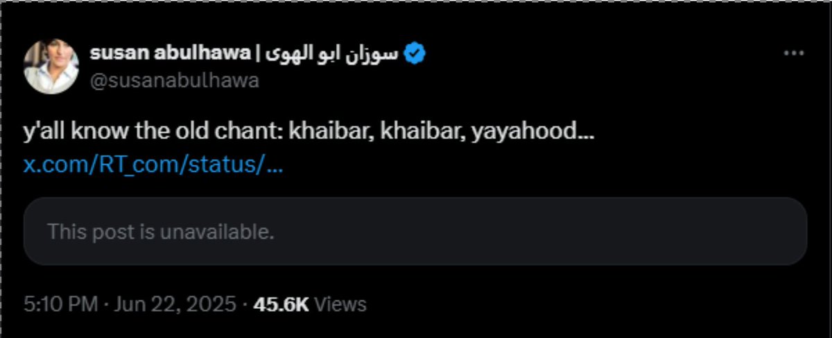 Susan Abulhawa just tweeted: “Khaibar, Khaibar ya Yahood” — the Hamas death chant celebrating the massacre of Jews.

This isn’t poetry. It’s incitement to genocide. And she’s platformed in classrooms, book festivals, and campus events across the country.

Expose her. Share this.