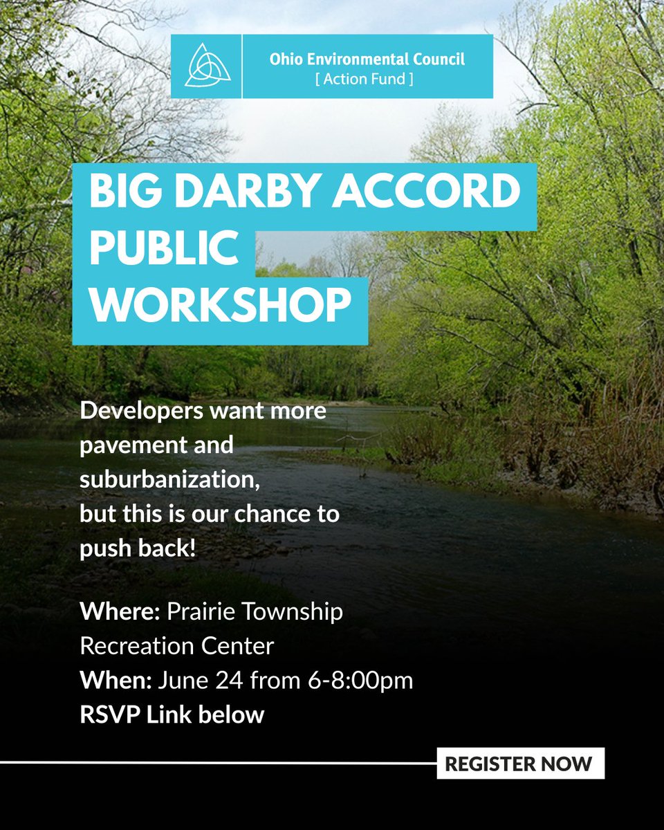 The Big Darby Accord is being updated for the first time in 20 years and this is our chance to push for sustainable development. 

Register now for a Public Workshop on June 24, from 6-8:00 pm at the Prairie Township Recreation Center! RSVP: storymaps.arcgis.com/stories/b953f0…