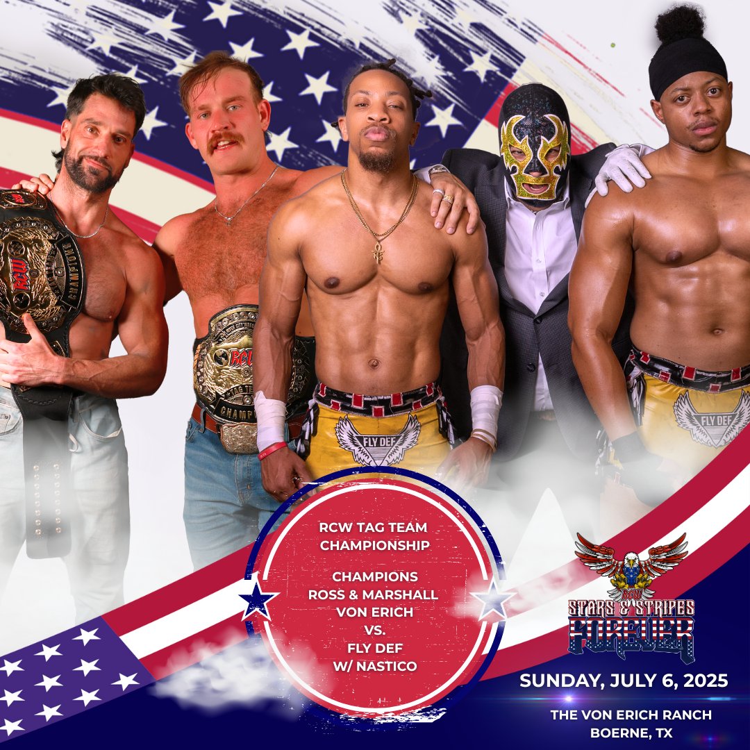 It was supposed to happen last fall—until injury delayed the showdown. Now it’s finally going down. RCW Tag Team Champions Ross and Marshall Von Erich defend their home turf against Fly Def with Nastico. Who’s the best in Texas? Find out July 6 titlematchnetwork.com/title/rcw-star…